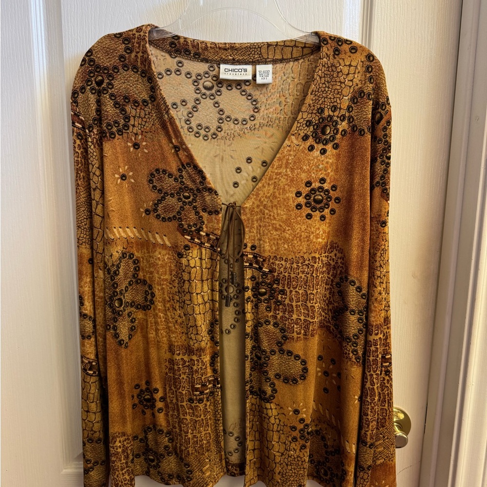 Chico's Travelers Tan and Brown Floral Patterned Blouse